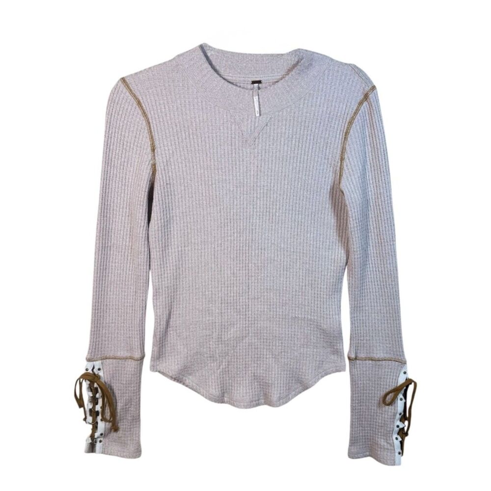 Free People Waffle Knit Thermal Lace Up Cuff Top Womens M Oatmeal EUC
